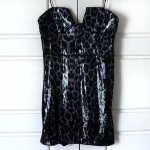 Zara Corset Sequin Mini Dress Medium Blue Strapless Leopard Print Glam Concert